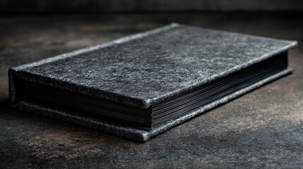 Thick black book with textured cover on dark surface
