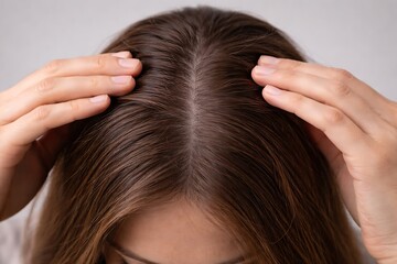 Fototapeta premium Close up view of a woman s hands examining her scalp and thinning hair part