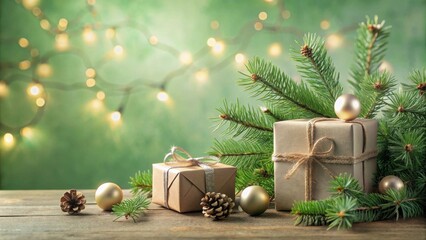Festive Season Presents Wrapped in Eco-Friendly Paper, Adorned with Natural Pine Branches and Golden Ornaments, Set Against a Soft Green Bokeh Background.