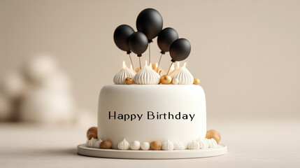 Minimalist white birthday cake with black balloons and typography on soft beige background.