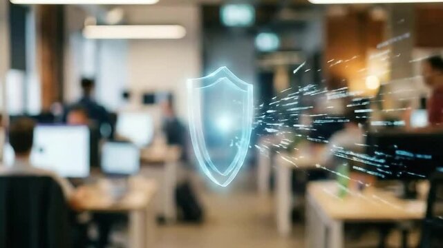 AI driven process efficiency concept. Office scene with a digital shield overlay symbolizing security.