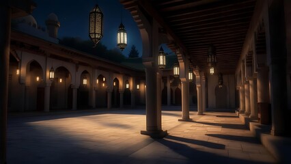 Elegant courtyard at night, lit by ornate lanterns, with arched colonnades and a large open space