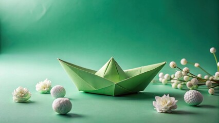 Serene Paper Boat Amidst Delicate White Blooms and Smooth Spheres on a Verdant Surface