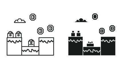 Platform game scene with coins and clouds