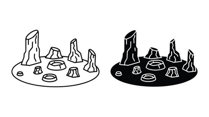 Black and white illustration of crater with rocks