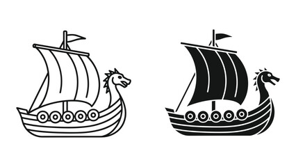 Viking ship illustration set with sails and dragon heads