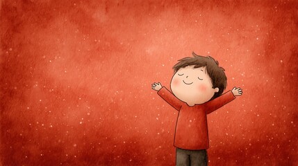 Happy cartoon boy opening arms wide on textured red background for greeting card concepts.

