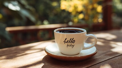 White coffee cup with hello friday text on wooden table outside white ceramic outdoor setting