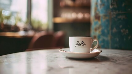 White coffee cup with hello text on saucer marble table blue wallpaper
