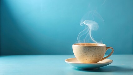 Aromatic steam rises from a speckled beige mug of hot beverage, resting serenely on a pale blue saucer against a calming teal backdrop