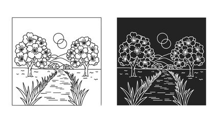 Serene landscape with trees and house in day and night