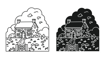 Large house with garden and trees illustration