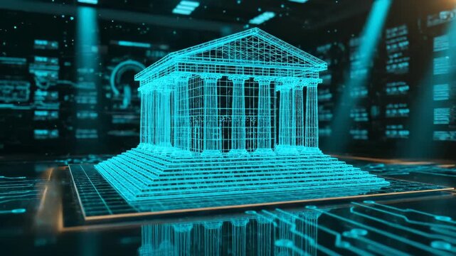Digital bank building glows blue in virtual cyberspace with data. Banking hologram shows fintech temple architecture. Digital bank displays technology. Virtual banking platform glows blue.