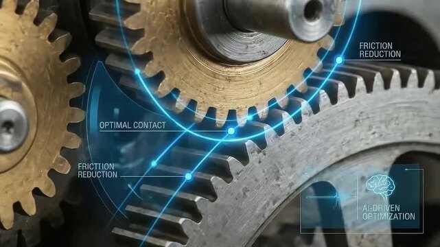 AI driven process efficiency concept. Close-up of interlocking gears with optimization graphics.