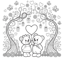 coloring book for Adult. Design for wedding invitations and Valentine's Day of abstract flowers, hearts, envelope, arrow, heart, bird, kiss, butterfly