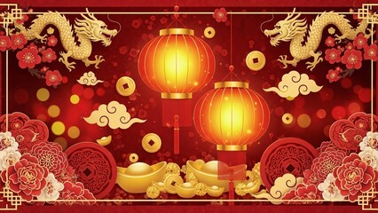 Obraz premium Festive lunar new year illustration with lanterns dragons and gold elements