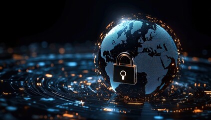 A digital globe with a lock symbol symbolizes cybersecurity and data protection in a connected world.