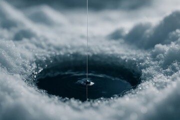 Thin line of water dropping into dark ice fishing hole surrounded by snow crystals, closeup winter scene symbolizing patience, stillness and cold outdoor adventure.