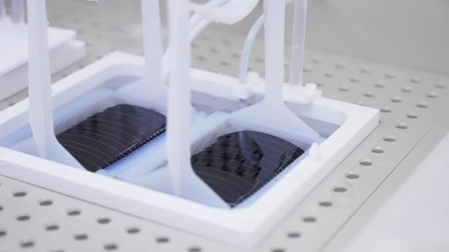 Silicon wafers immersed in a chemical wet bench bath during semiconductor fabrication, showing plastic cassette holders atop a perforated cleanroom surface for precise microelectronics processing