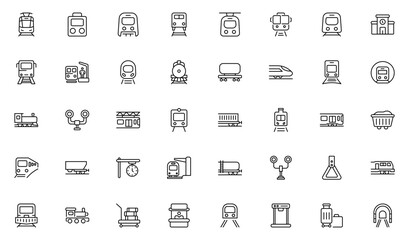 Railway and transport line icons set. Train travel symbols, metro transport signs, passenger elements, minimal stroke design.Thin outline icons pack. Vector illustration