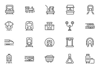 Railway and transport line icons set. Train travel symbols, metro transport signs, passenger elements, minimal stroke design.Thin outline icons pack. Vector illustration
