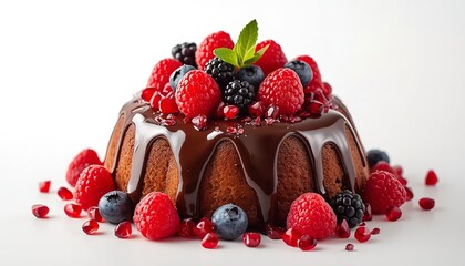 A chocolate bundt cake topped with mixed berries and pomegranate seeds on a white background