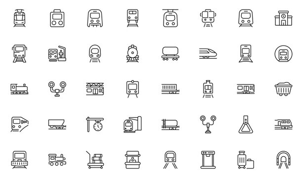 Railway and transport line icons set. Train travel symbols, metro transport signs, passenger elements, minimal stroke design.Thin outline icons pack. Vector illustration