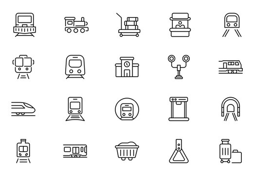 Railway and transport line icons set. Train travel symbols, metro transport signs, passenger elements, minimal stroke design.Thin outline icons pack. Vector illustration