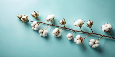 A Delicate Branch of Cotton Blossoms on a Soft Blue Background, Exhibiting the Natural Beauty and Soft Texture of Cotton Plants