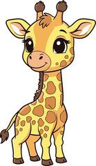 Obraz premium Cute cartoon giraffe standing and looking to the side with a happy expression, perfect for children's books and educational materials