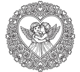 coloring book for Adult. Design for wedding invitations and Valentine's Day of abstract flowers, hearts, envelope, arrow, heart, bird, kiss, butterfly