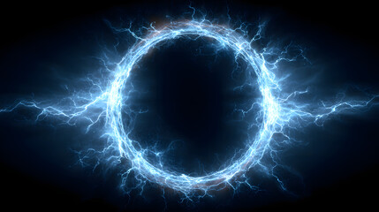 Stunning photo of electric blue lightning frame with plasma portal on dark background. Round glowing sphere with neon strikes. Energy circle border with flash spark effects.