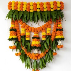 Colorful Marigold Flower Door Hanging Toran with Mango Leaves for Indian Cultural and Religious Decoration