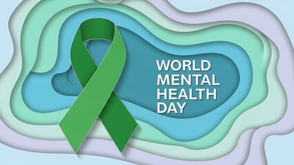 Mental Health Awareness Poster with Green Ribbon Symbolizing Hope, Support and Emotional Strength