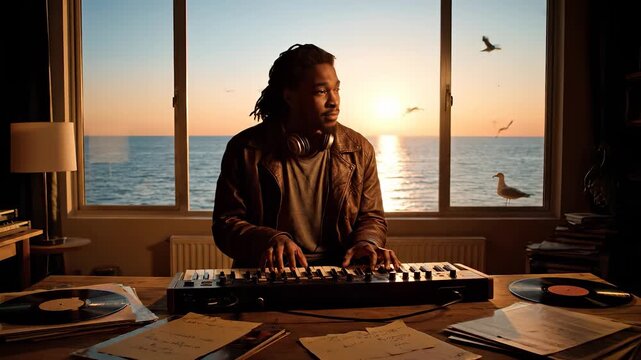 Playing keyboard by ocean at sunset. Music producer songwriter composes in studio. Musician composes while composer arranges. Vinyl and vintage gear surround workspace. Calm creative vibe and focus.