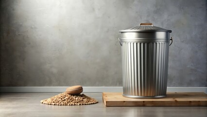 A solitary, metallic waste receptacle stands on a simple wooden platform, beside a small pile of legumes and a single cookie; a study in contrasts