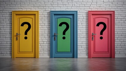Three colorful doors with question marks, set against a brick wall, symbolize choices and uncertainty.