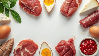 A variety of raw meats and eggs arranged on a white surface with some greens and condiments