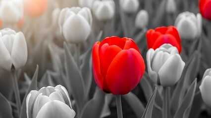 Red tulip on monochrome tulips background. Be different. Red tulip branding and visibility. Different choice and decision concept. Red tulip creative concept
