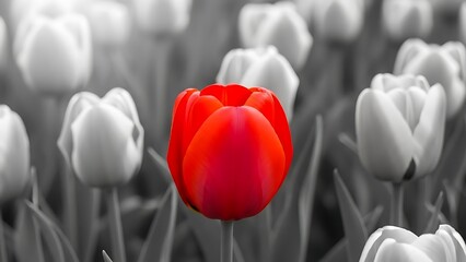 Red tulip on monochrome tulips background. Be different. Red tulip branding and visibility. Different choice and decision concept. Red tulip creative concept