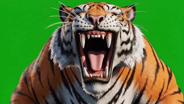 Majestic tiger roaring ferociously with open mouth on vivid green screen.