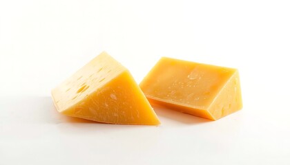 Two triangular pieces of cheese on a white background