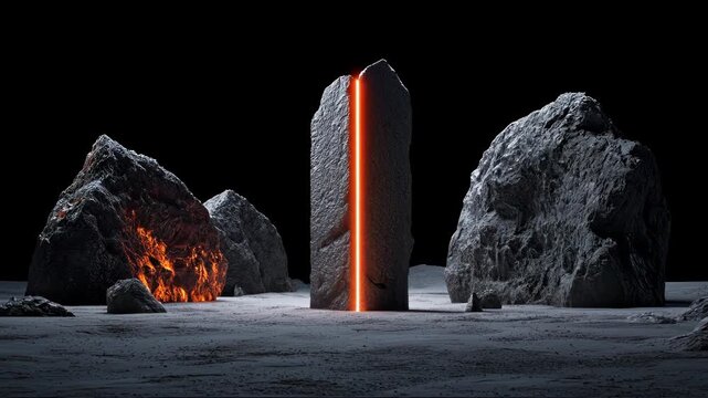 A desolate landscape under a black sky, featuring large stone formations. A central monolith has an orange glowing fissure