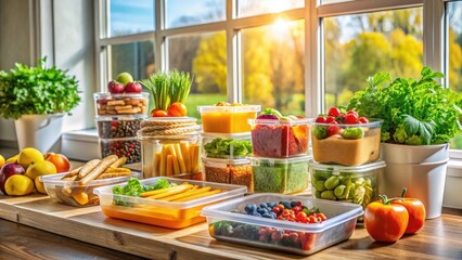 Healthy Meal Prep Colorful Vegetables and Fruits in Storage Containers by a Sunny Window