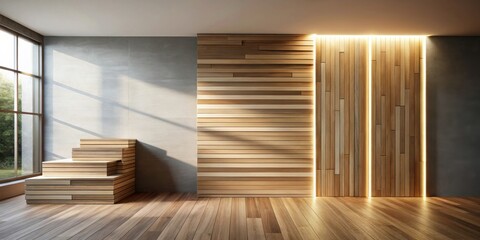 Modern minimalist interior design showcasing warm wood paneling and a sleek stepped wooden platform in a sunlit room