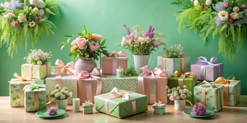 A delightful arrangement of pastel-hued presents adorned with elegant bows, nestled amongst delicate floral bouquets and charming small vases, creates a festive and celebratory atmosphere.