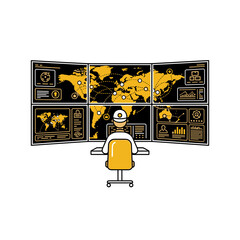 global logistics operator monitoring shipment routes on digital screen wall for supply chain blogs, cargo tracking websites, business presentations and tech posters, with copy space