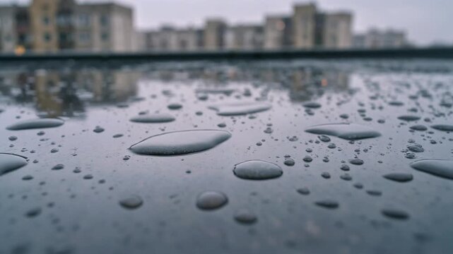 雨粒が残る屋上と遠くの街並みが落ち着いた都市の表情を見せる