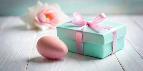 Pastel pink egg beside a light teal gift box with pink ribbon on a white wooden surface