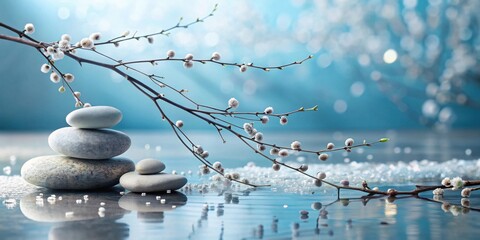 Serene Springtime Still Life Balanced Stones and Delicate Willow Branch Reflecting in Calm Water